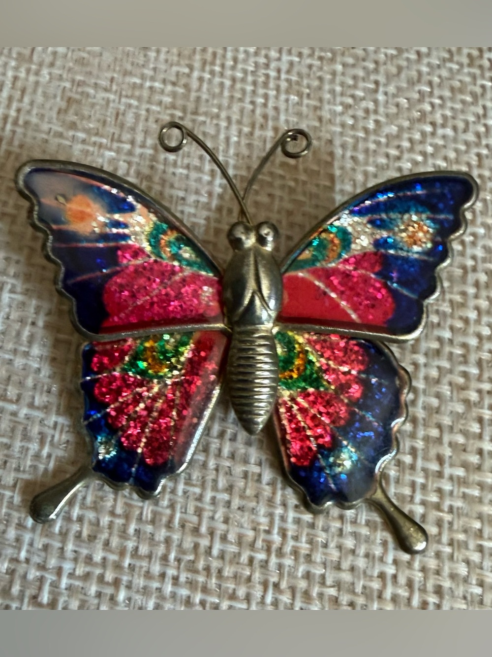 Y2K Butterfly Brooch Blue Pink Green Glittery Hues on Gold Tone Metal
